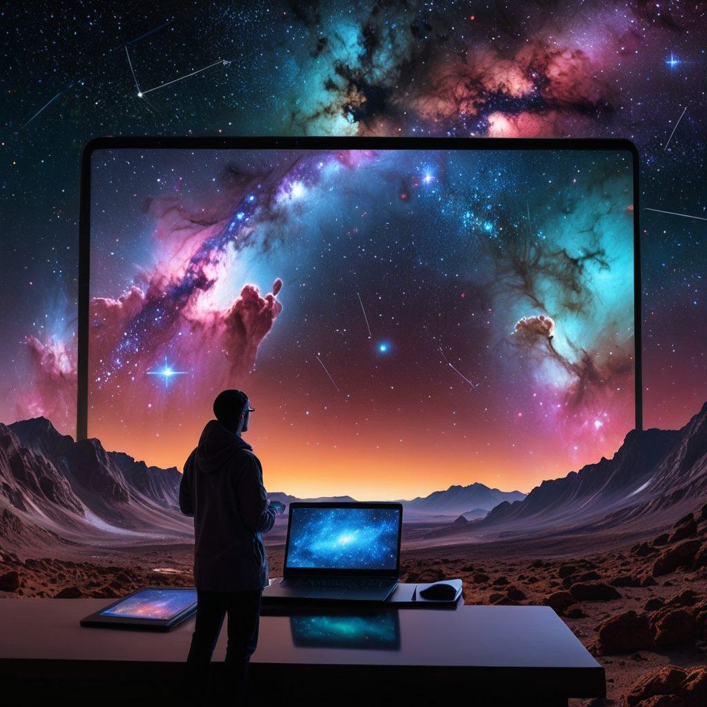 A cosmic landscape showcasing a vivid night sky filled with swirling galaxies and bright stars, intertwined with floating digital tablets and laptops displaying astrophysical data and blog posts. The foreground features a scientist gazing through a telescope, reflecting a sense of exploration and research. Add vibrant nebulae and constellations for depth and wonder. super-realistic. vibrant colors. deep space theme.