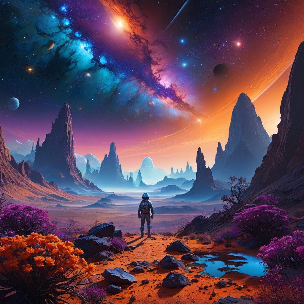 A stunning cosmic landscape showcasing vibrant celestial phenomena like nebulas and stars, with a silhouette of an astronaut exploring an alien planet. Incorporate futuristic space technology and hints of extraterrestrial life, such as unusual plants or alien structures in the background. The scene should evoke a sense of wonder and curiosity about the universe. super-realistic. vibrant colors. 3D.